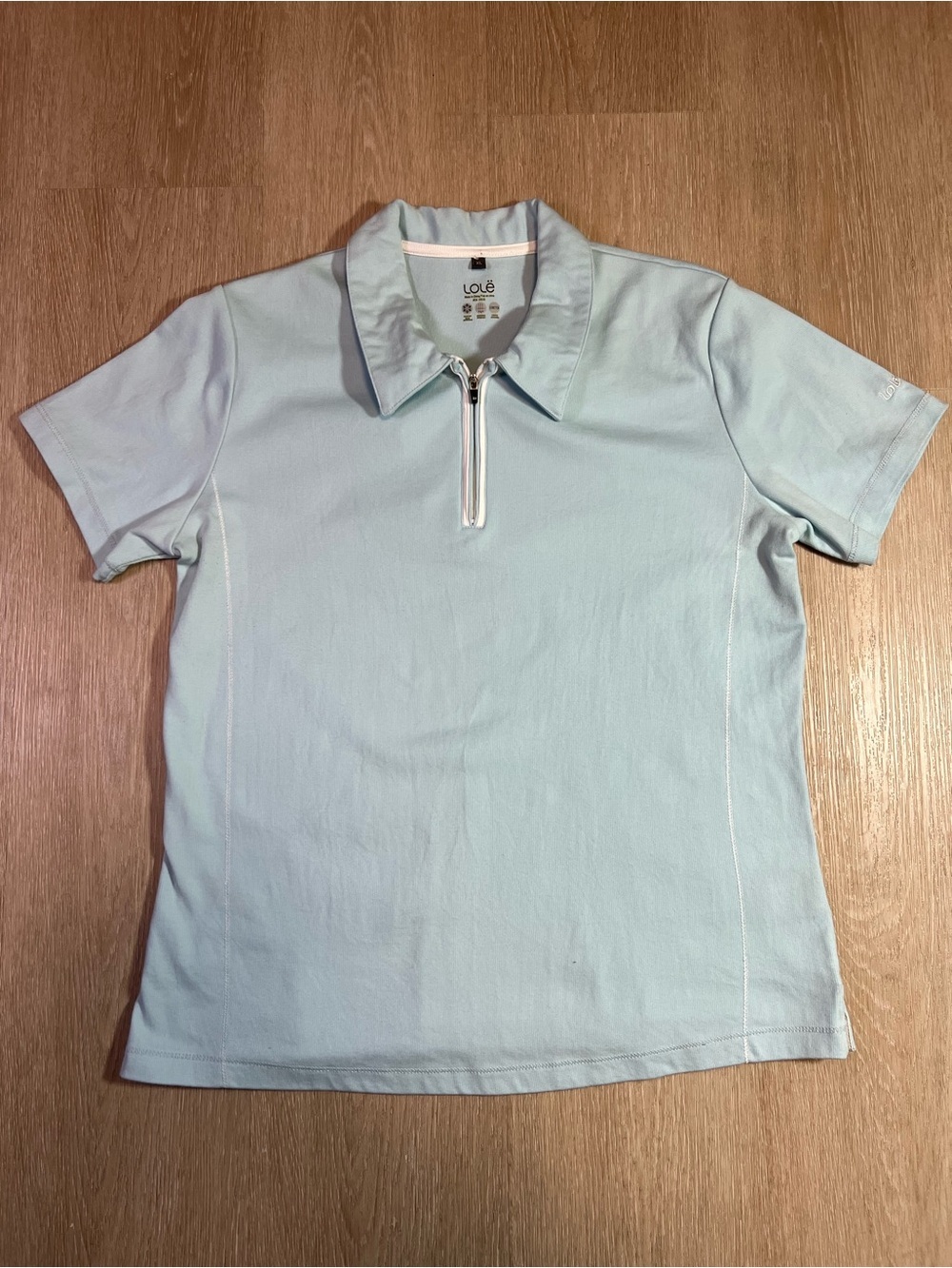 Lole Women's XL Extra Large Pale Blue Short Sleeve Minimalist Chic Zip Polo